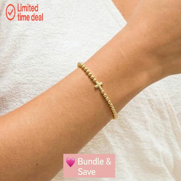 14K Gold Plated Beaded Stretch Bracelet with Cross Charm Stackable - Picture 3 of 8